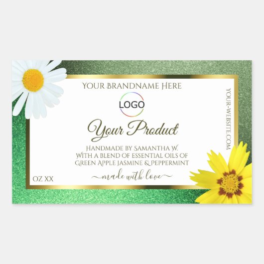 Floral Green Glitter White Gold Product Label Logo (Voorkant)