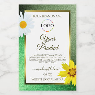 Floral Green Glitter White Gold Product Label Logo Voedselcontainer Etiket