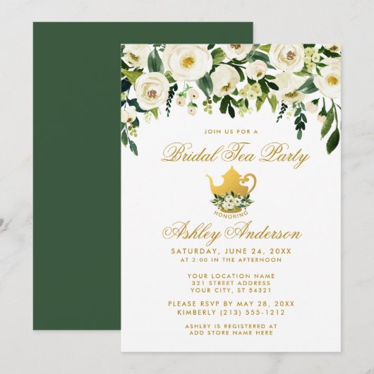 Floral Green Gold Bridal Tea Party Invitation G Kaart (Voorkant / Achterkant)