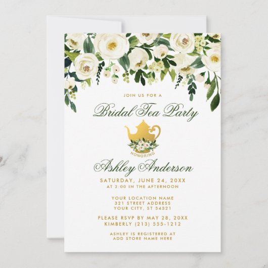 Floral Green Gold Bridal Tea Party Invitation GS Kaart (Voorkant)