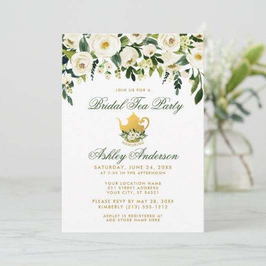 Floral Green Gold Bridal Tea Party Invitation GS Kaart (Staand voorkant)