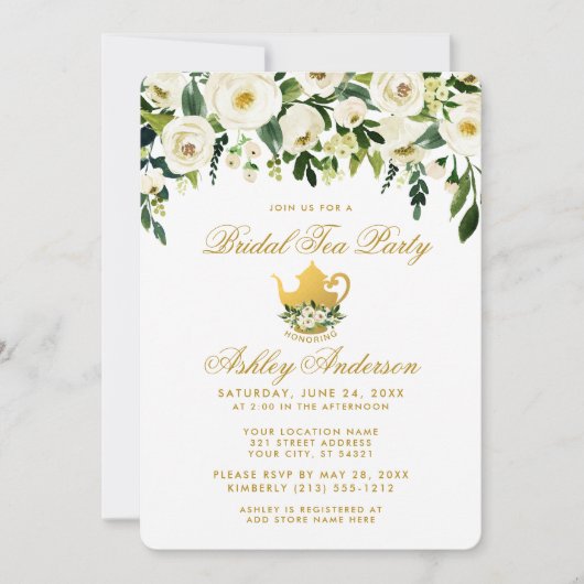 Floral Green Gold Bridal Tea Party Invitation Kaart (Voorkant)
