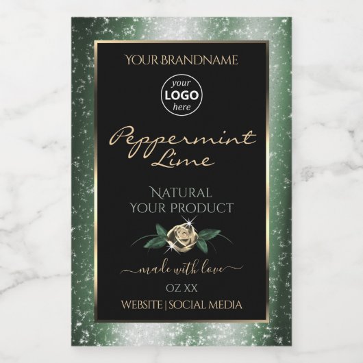 Floral Green Gold Lijst Black Product Labels Logo Voedselcontainer Etiket (Enkel label)