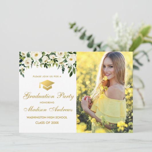 Floral Green Gold Photo Graduparty nodigt Kaart (Staand voorkant)
