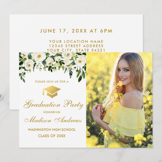 Floral Green Gold Photo Graduparty nodigt Kaart (Voorkant / Achterkant)