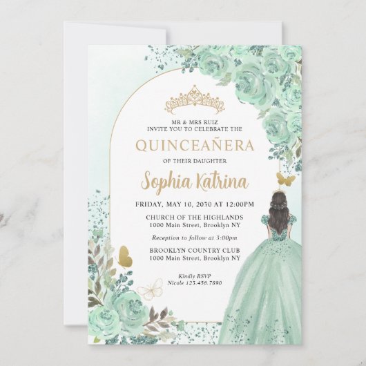 Floral Green Gold Princess Birthday Quinceanera Kaart (Voorkant)