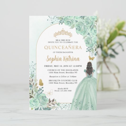 Floral Green Gold Princess Birthday Quinceanera Kaart (Staand voorkant)