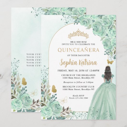Floral Green Gold Princess Birthday Quinceanera Kaart (Voorkant / Achterkant)