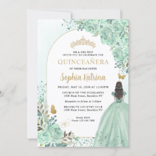 Floral Green Gold Princess Birthday Quinceanera Kaart
