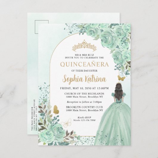 Floral Green Gold Princess Birthday Quinceanera Uitnodiging Briefkaart (Voorkant / Achterkant)