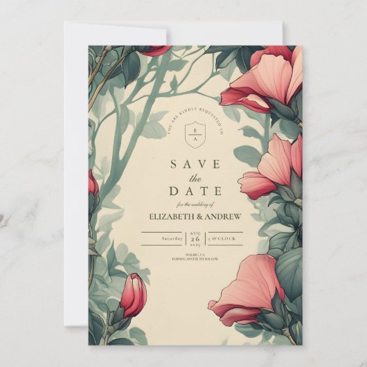 Floral Green Gold Wedding Art Nouveau Save The Date (Voorkant)