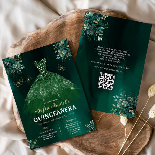 Floral Green Gown Jurk QR Code Quinceanera Kaart