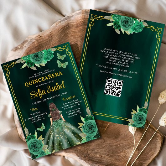 Floral Green Gown Jurk QR Code Quinceanera Kaart