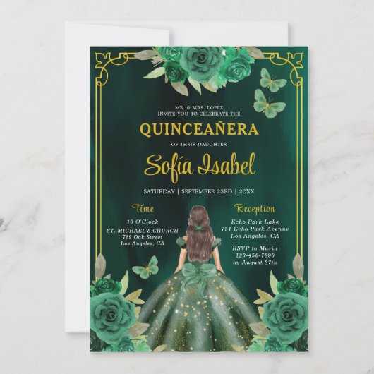 Floral Green Gown Jurk QR Code Quinceanera Kaart (Voorkant)