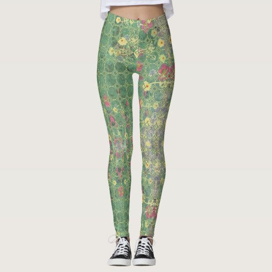 Floral Green Grey Tile Leggings (Voorkant)