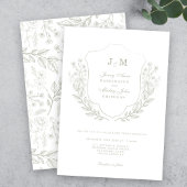Floral Green Monogram Crest Wedding Invitation Kaart