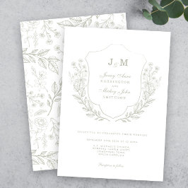 Floral Green Monogram Crest Wedding Invitation Kaart