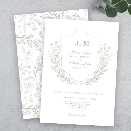 Floral Green Monogram Crest Wedding Invitation Kaart