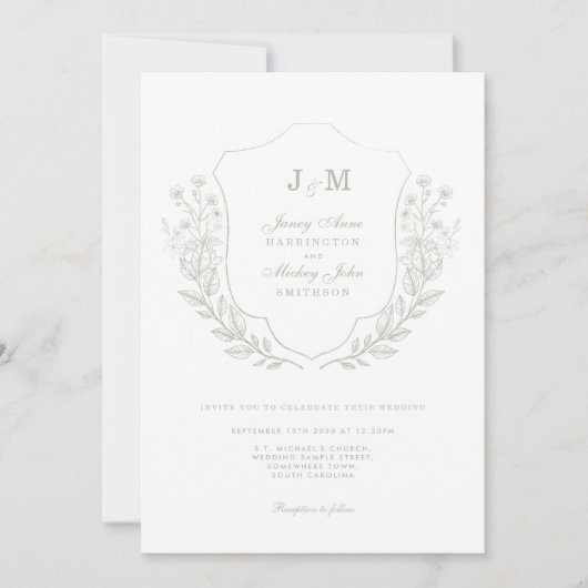 Floral Green Monogram Crest Wedding Invitation Kaart (Voorkant)