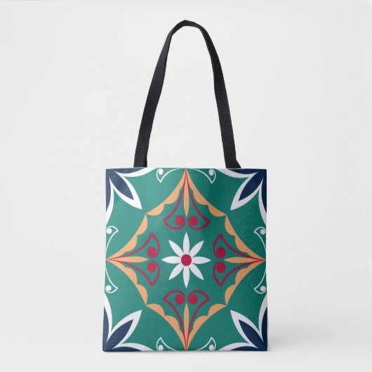 Floral Green Moroccan Mosaic Tile Boho Chic Tote Bag (Voorkant)