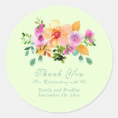 Floral Green Peach Romantische bruiloft dank u Ronde Sticker (Voorkant)
