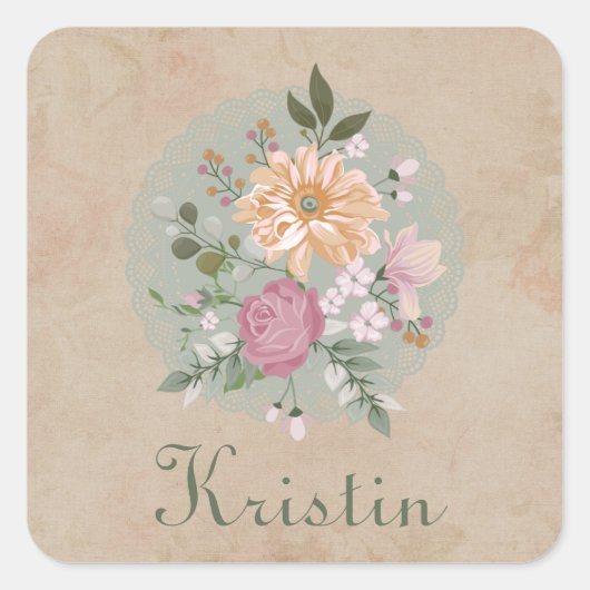  Floral Green Pink White Name Vierkante Sticker (Voorkant)