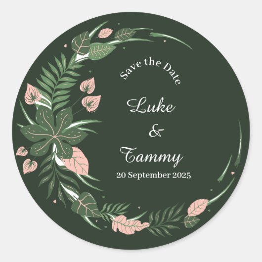 floral green round save the date bruiloft sticker (Voorkant)