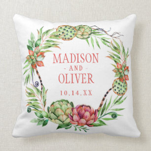 Floral Green & Roze Succulent Weddenschap Kussen