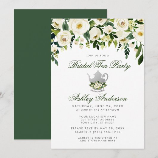Floral Green Silver Bridal Tea Party Invitation GS Kaart (Voorkant / Achterkant)
