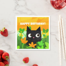 Floral Green Sinaasappel Black Cat Birthday Servet