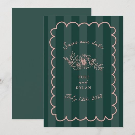 Floral Green Stripe Botanical Save The Date (Voorkant / Achterkant)