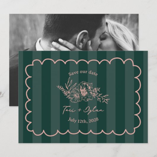 Floral Green Stripe Botanical Save The Date Foto (Voorkant / Achterkant)