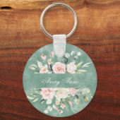  Floral Green Waterverf Vintage Rustic Sleutelhanger (Voorkant)