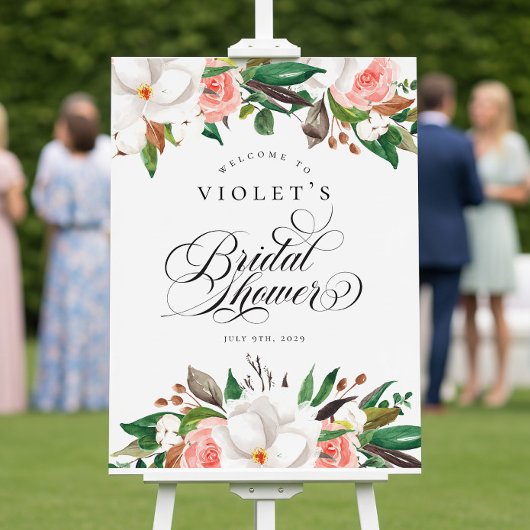 Floral Green White Pink Bridal Shower Welcome Sign Poster