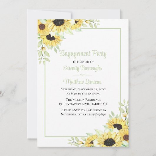 Floral Green Yellow Sunflower Engagement Party Kaart (Voorkant)