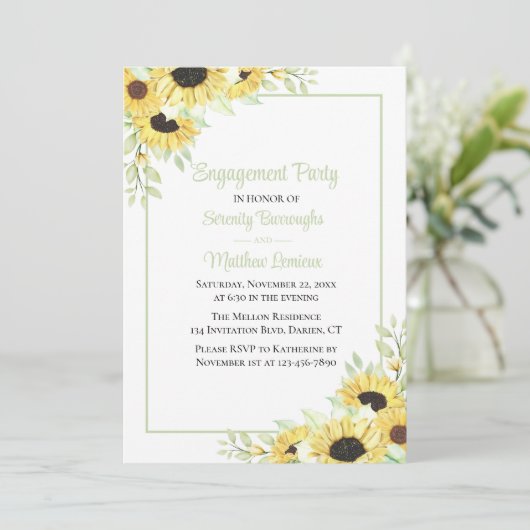 Floral Green Yellow Sunflower Engagement Party Kaart (Staand voorkant)