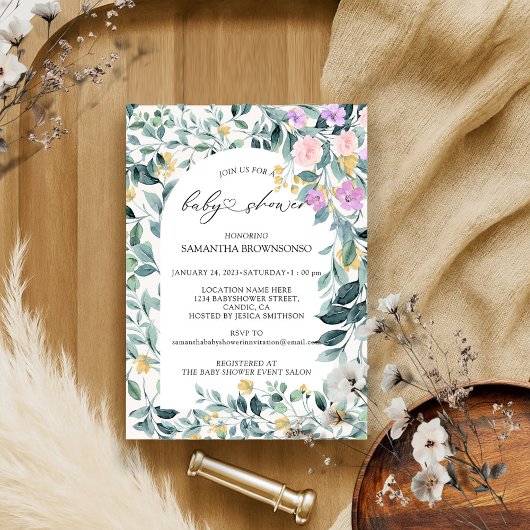 Floral Greenary Budget Baby shower Kaart