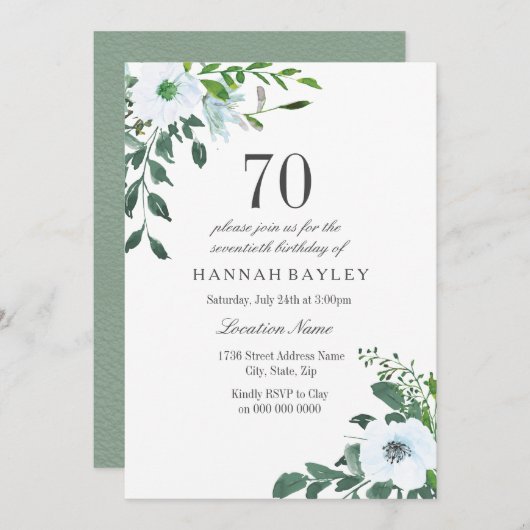 Floral Greenery 70th Birthday Party Invitation Kaart (Voorkant / Achterkant)