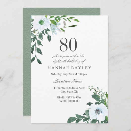 Floral Greenery 80th Birthday Party Invitation Kaart (Voorkant / Achterkant)