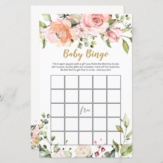 Floral Greenery Baby shower Bingo Game Paper Sheet (Voorkant / Achterkant)