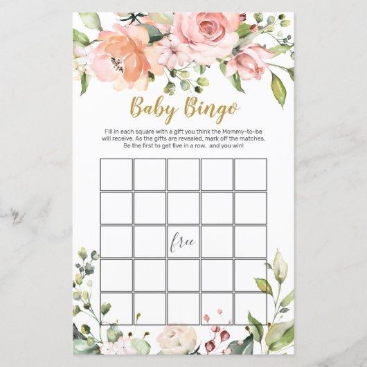 Floral Greenery Baby shower Bingo Game Paper Sheet (Voorkant)