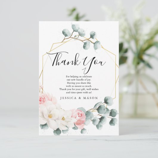 Floral Greenery Baby shower Dank u kaart (Staand voorkant)