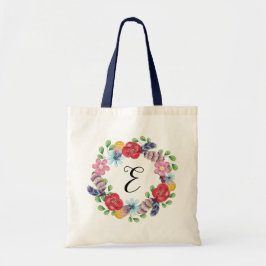 Floral Greenery Boho Girly Monogram Tote Bag