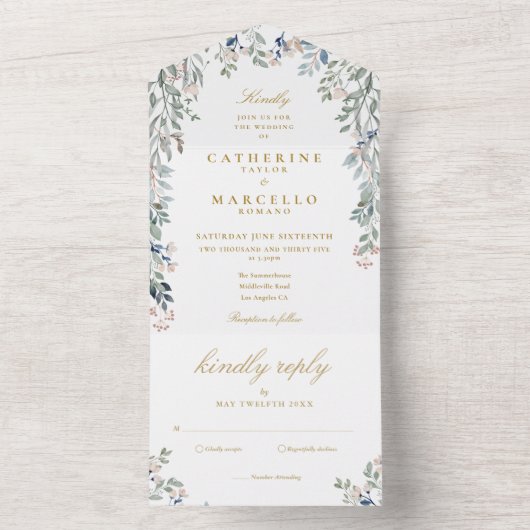 Floral Greenery Cascade Elegant Gold Wedding All In One Uitnodiging (Binnen)