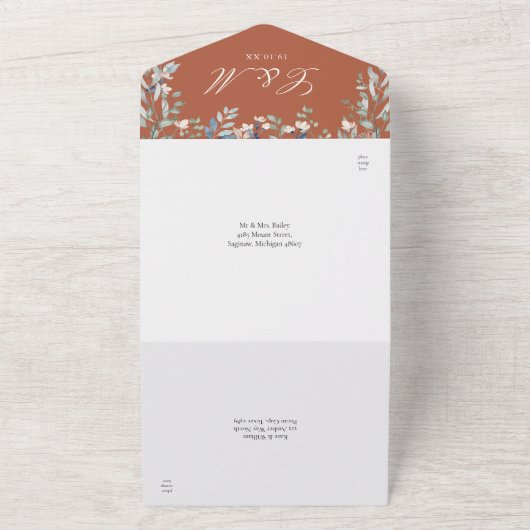 Floral Greenery Cascade Terracotta Wedding All In One Uitnodiging (Buitenkant)