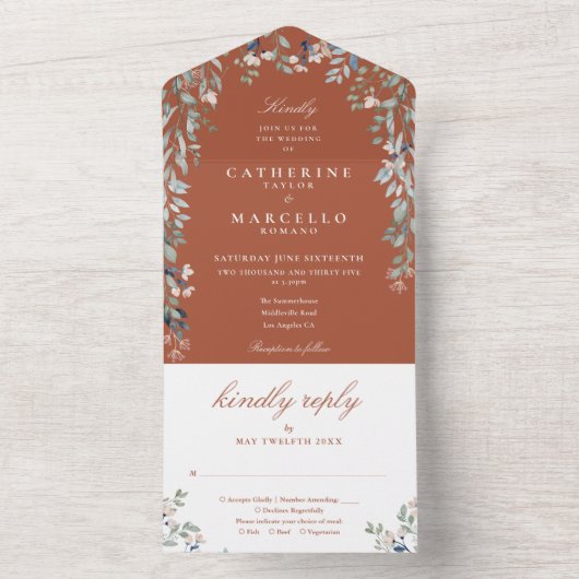 Floral Greenery Cascade Terracotta Wedding All In One Uitnodiging (Binnen)