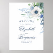Floral Greenery Dusty Blue Wedding Welcome Sign Poster (Voorkant)