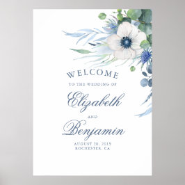 Floral Greenery Dusty Blue Wedding Welcome Sign Poster