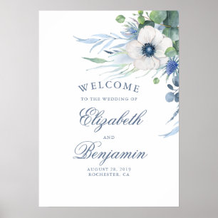 Floral Greenery Dusty Blue Wedding Welcome Sign Poster