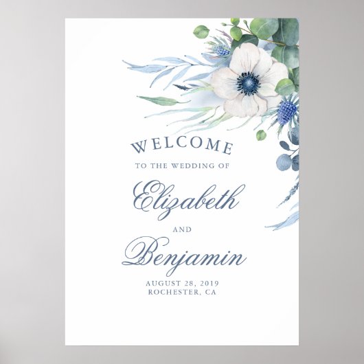 Floral Greenery Dusty Blue Wedding Welcome Sign Poster (Voorkant)